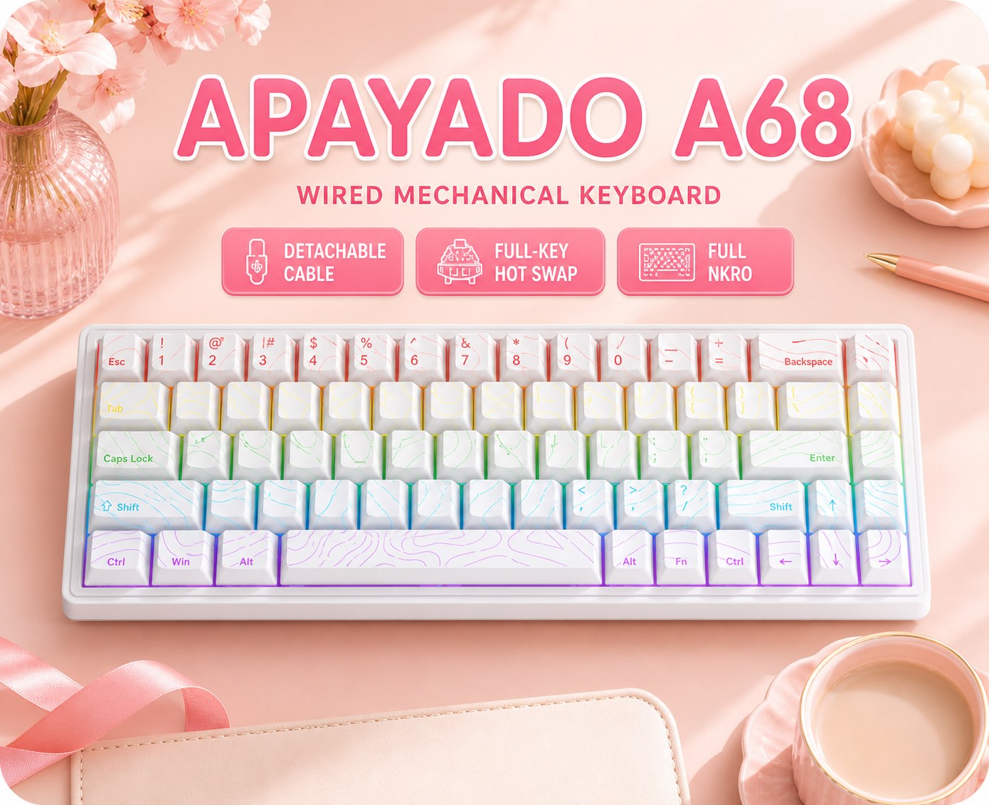 Anti-Ghosting Keyboard - APAYADO A68 Kabelgebundene Mechanische Tastatur, Hot-Swap-fähig,